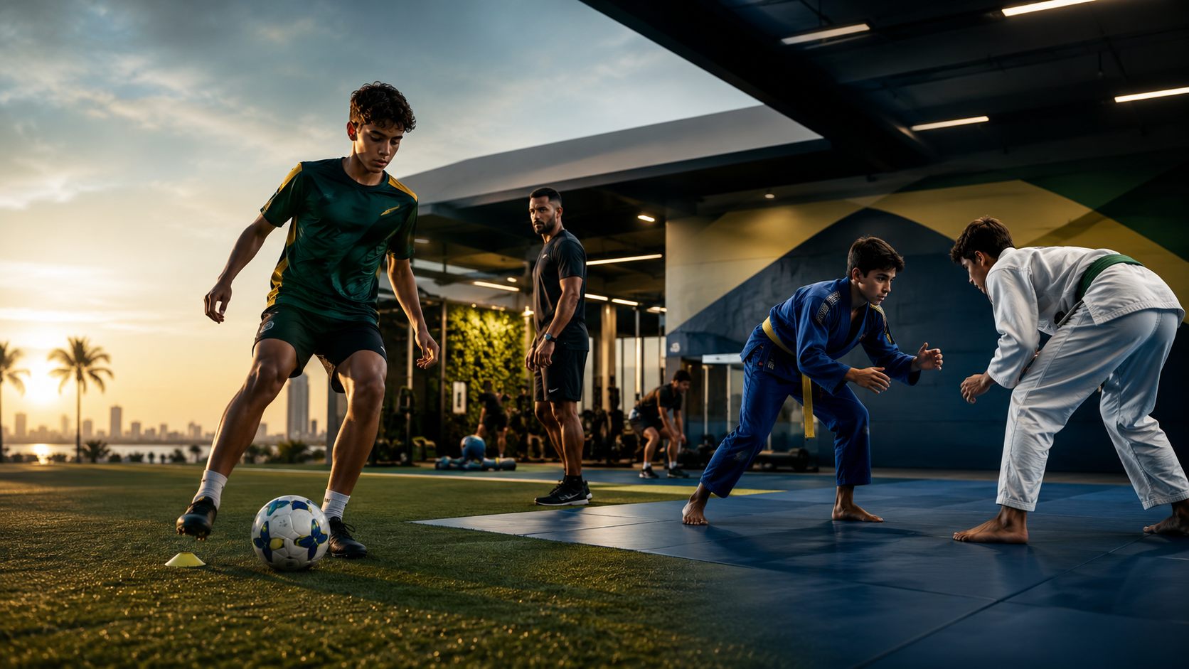Young athletes training soccer and Brazilian Jiu-Jitsu in a premium Brazilian-inspired sports facility.