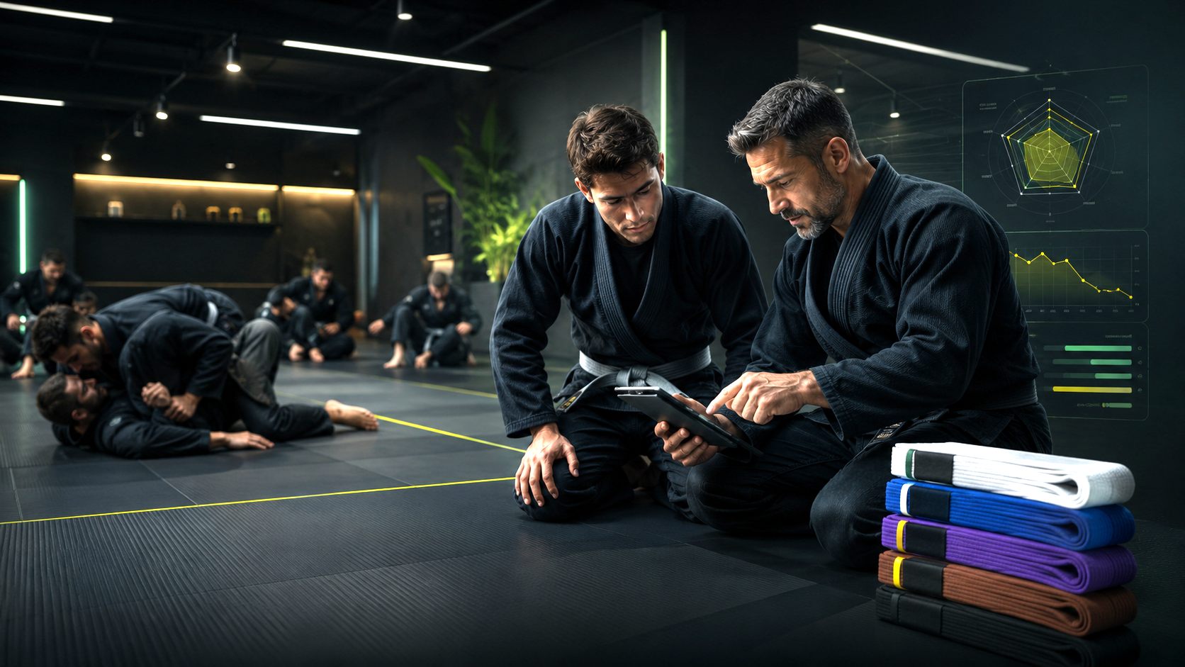 Coach and student reviewing Jiu-Jitsu rankings and promotion readiness on a tablet.
